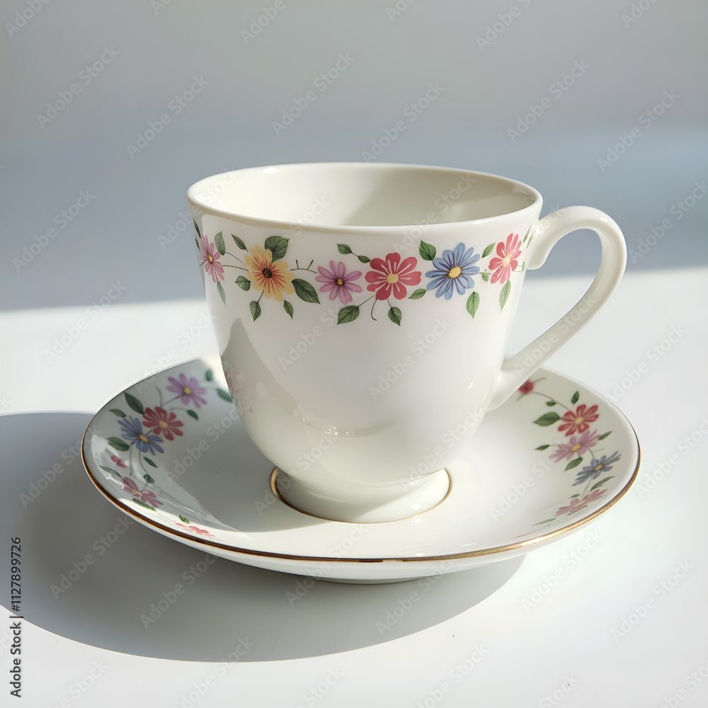 Delicate floral tea cup and saucer with vibrant flowers and a soft glow, photography of still life concept. Delicate floral tea cup and saucer with vibrant flowers and a soft glow, photography of still life concept.