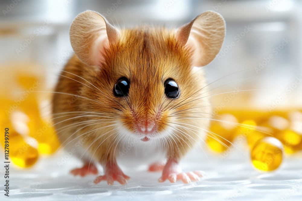 Obraz premium A close-up of a cute brown mouse with large eyes and ears, surrounded by yellow capsules.