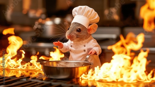 A chef mouse cooking in a fiery kitchen scene.
