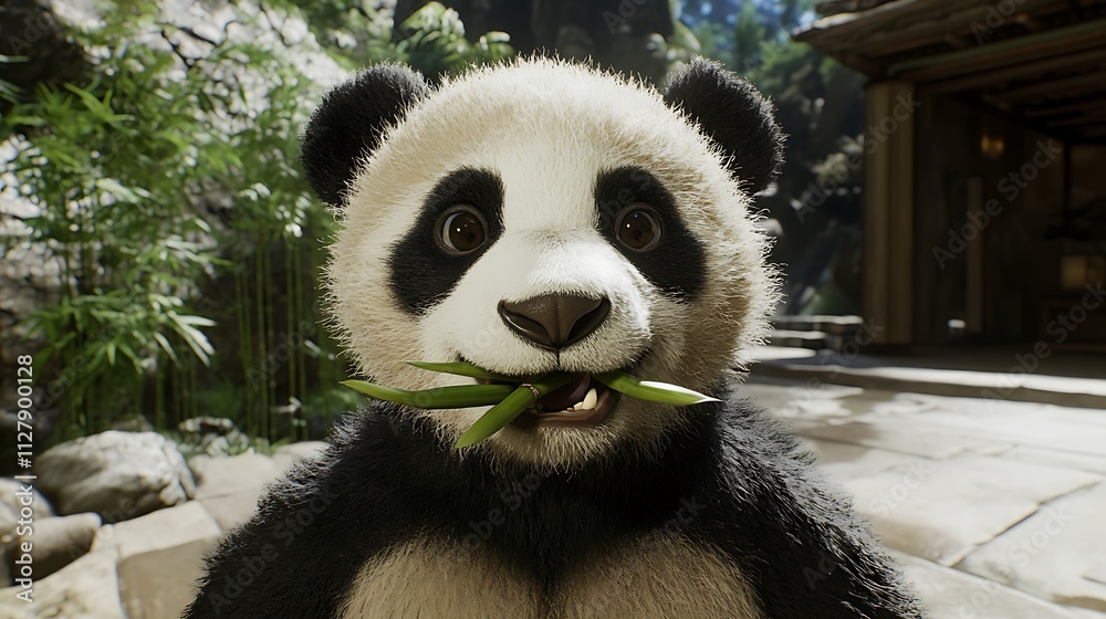 Obraz premium A clean white-style image of A photorealistic image of a panda eating bamboo. 