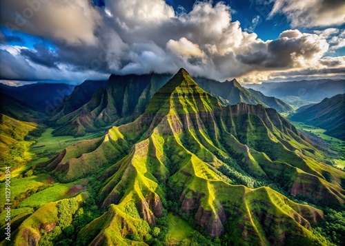 Stunning Aerial View of Mount Waialeale in Kauai, Showcasing the Lush Greenery and Dramatic Landscape of the Rainiest Spot on Earth with Majestic Clouds Above photo