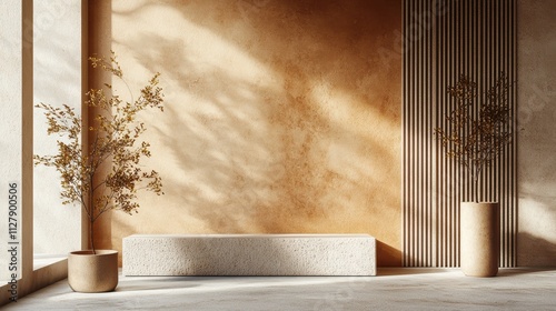 Fototapeta Naklejka Na Ścianę i Meble -  A room with a tan wall and a bench with a potted plant in front of it. Generative AI