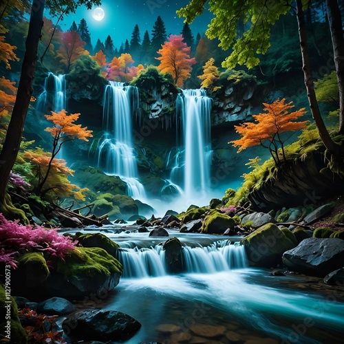 An enchanting forest scene featuring a cascading waterfall, glowing under the full moon with rich autumn foliage and tranquil waters. photo