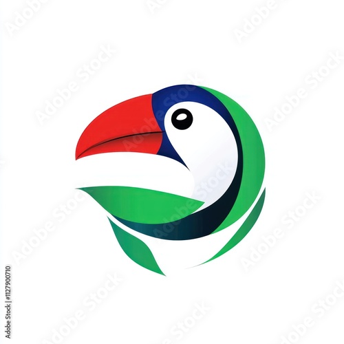 Stylized toucan head encircled by green leaves. photo