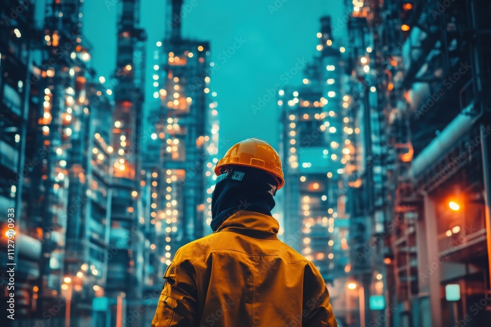 A worker in a yellow jacket and helmet stands in an industrial area illuminated by lights. A worker in a yellow jacket and helmet stands in an industrial area illuminated by lights.