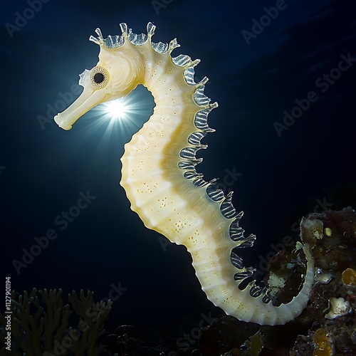 A clean white-style image of A photorealistic image of a seahorse swimming among coral. 