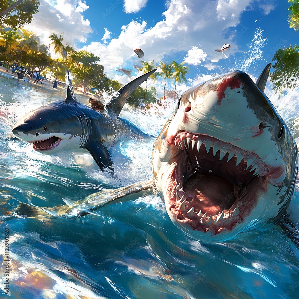 Obraz premium A clean white-style image of A photorealistic image of a shark swimming in the ocean. 