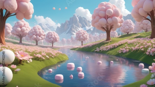 an illustration of a river with marshmallow pink trees and a river in candy world