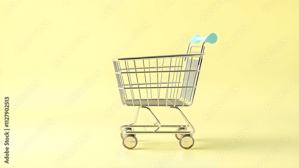 Abstract 3D shopping cart icon in a flowing design with pastel turquoise highlights, set against a serene pastel yellow backdrop, 8K resolution Abstract 3D shopping cart icon in a flowing design with pastel turquoise highlights, set against a serene pastel yellow backdrop, 8K resolution