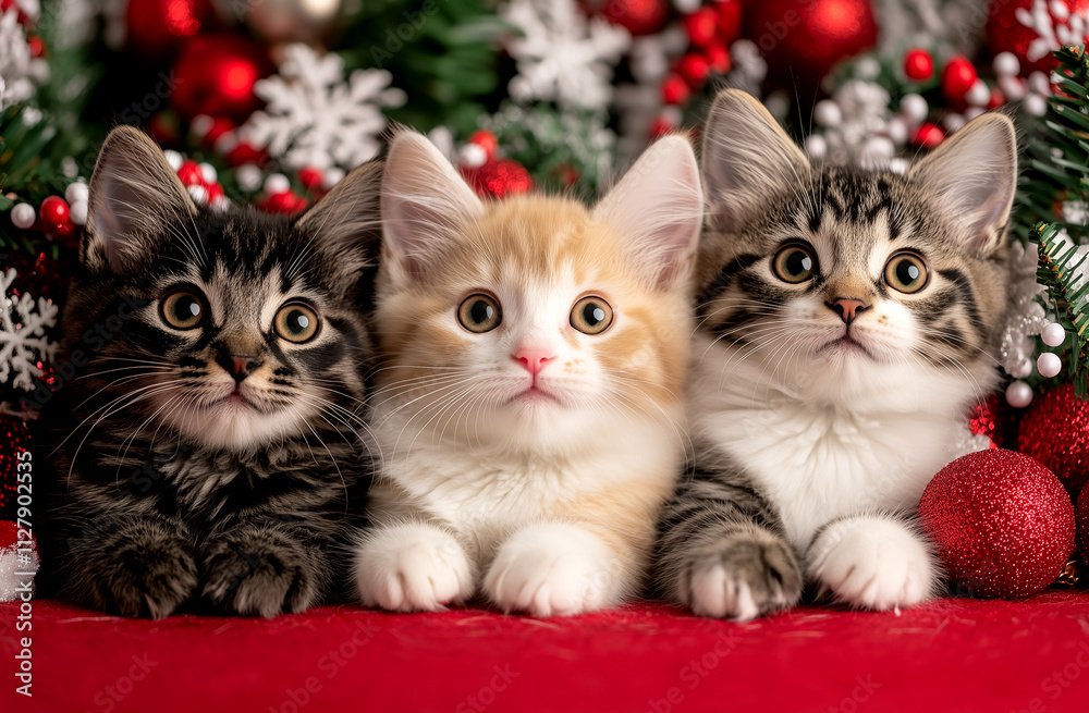 Three kittens are sitting on a red background with a Christmas tree in the background. The kittens are looking at the camera with their eyes wide open Three kittens are sitting on a red background with a Christmas tree in the background. The kittens are looking at the camera with their eyes wide open