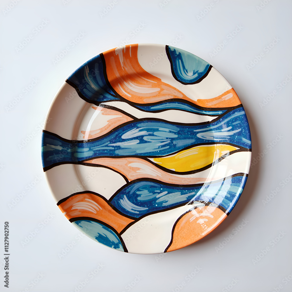 Artisan plate with abstract waves design in vibrant colors for home decor or table setting inspiration, photography of still life concept. Artisan plate with abstract waves design in vibrant colors for home decor or table setting inspiration, photography of still life concept.