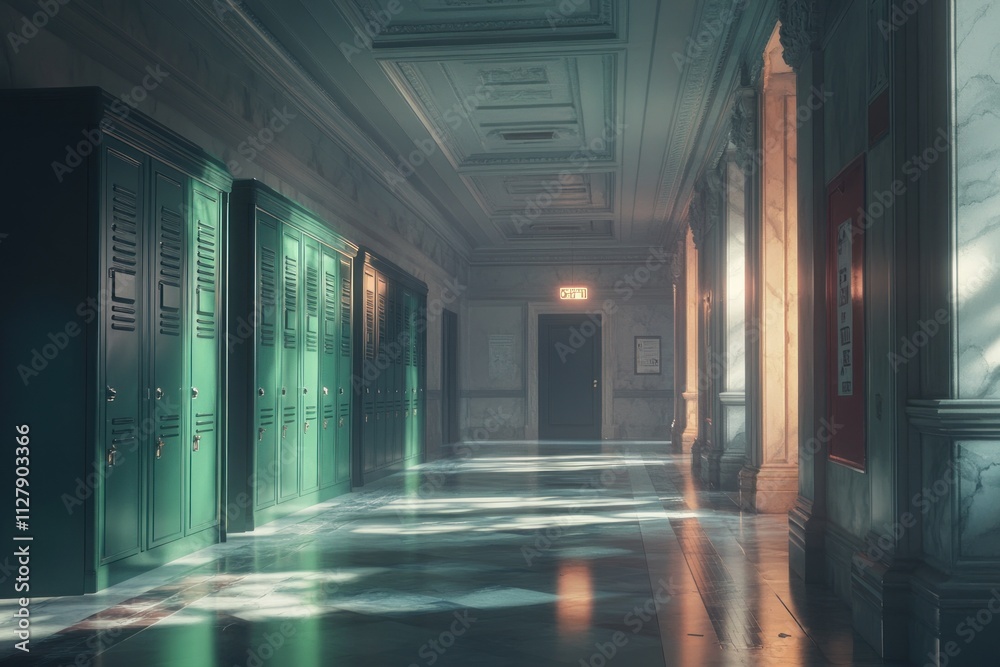 Sunlit school hallway with lockers and marble floors. Sunlit school hallway with lockers and marble floors.