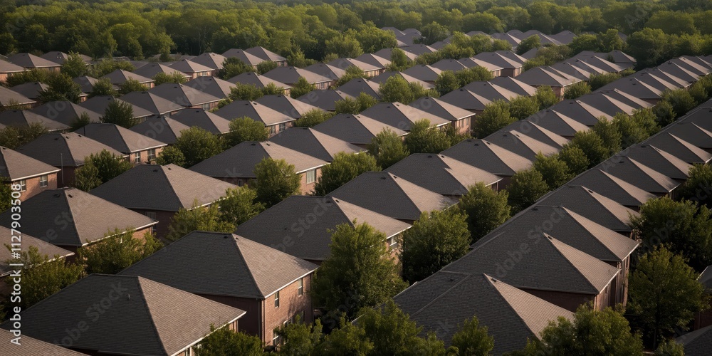 Fototapeta premium This image captures a sprawling urban housing estate, featuring neat rows of rooftops nestled amidst lush greenery, highlighting the balance of nature and modern living.