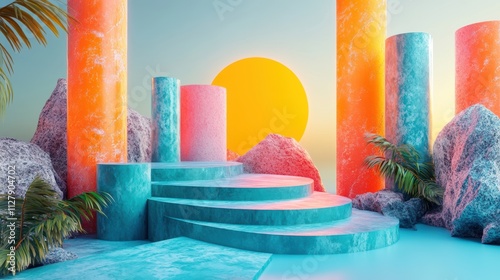 A blue and orange structure with a sun in the background. Generative AI