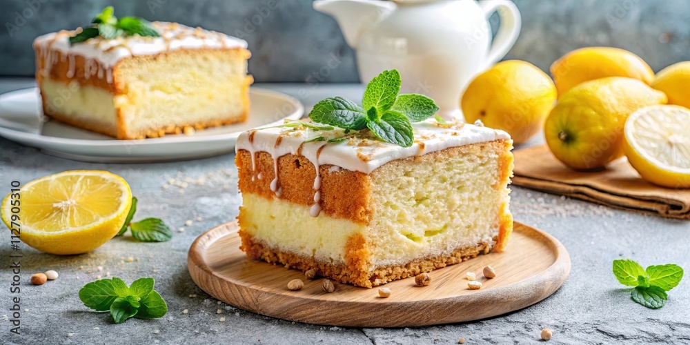Delicious lemon cake with creamy filling, topped with a sweet glaze and fresh mint garnish Delicious lemon cake with creamy filling, topped with a sweet glaze and fresh mint garnish