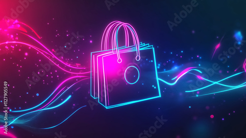 glowing neon outline of shopping bag with vibrant colors and dynamic waves, creating modern and energetic shopping theme