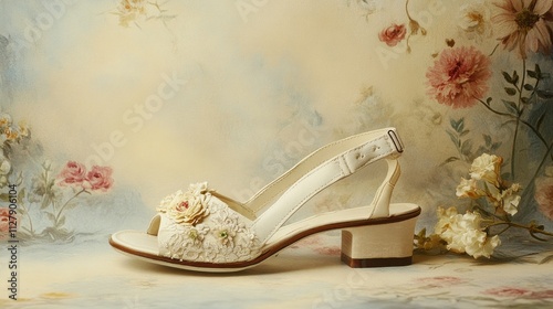 Vintage-inspired women's slingback sandals in white, with floral accents, on a Victorian-style background  photo