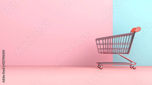 shopping cart on pastel pink and blue background, symbolizing modern retail and online shopping experiences. minimalist design evokes sense of calm and creativity