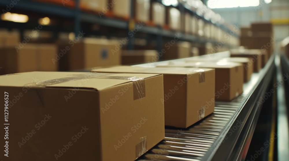 cardboard parcel on distribution line in warehouse distribution center. cardboard parcel on distribution line in warehouse distribution center.