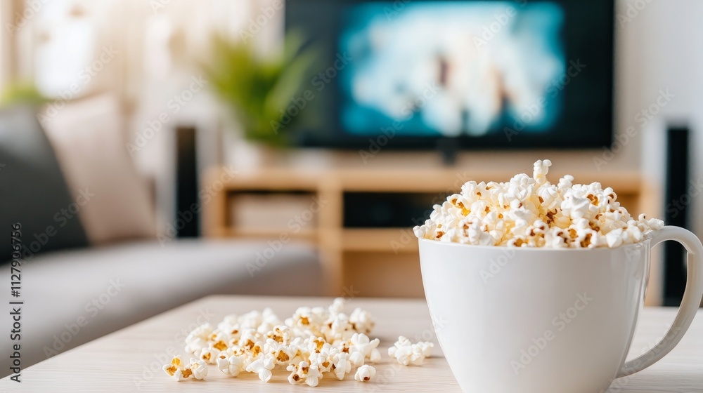 Movie Night at Home - Relaxing evening, popcorn, TV, comfort, entertainment.  Home movie theater.