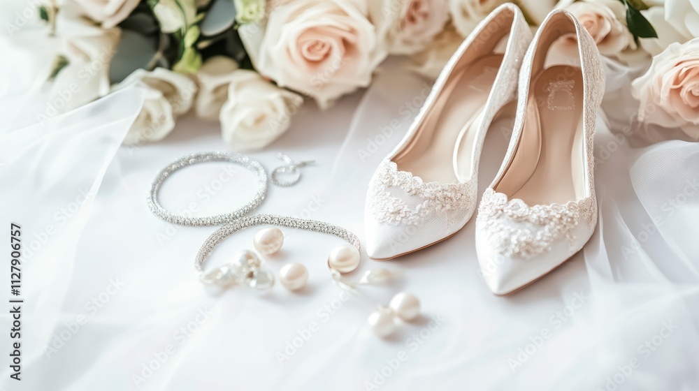 Elegant bridal accessories with shoes, jewelry, and flowers. Elegant bridal accessories with shoes, jewelry, and flowers.