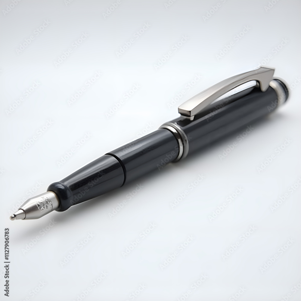 Elegant black pen with sleek design and silver accents on soft background, photography of still life concept. Elegant black pen with sleek design and silver accents on soft background, photography of still life concept.