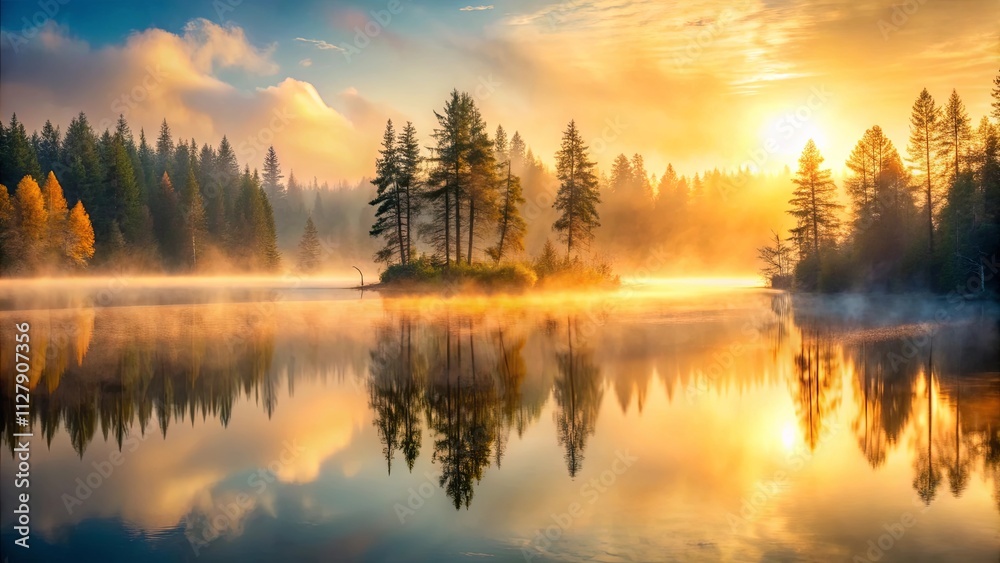 Golden Sunrise Over Serene Island Lake with Misty Trees Golden Sunrise Over Serene Island Lake with Misty Trees