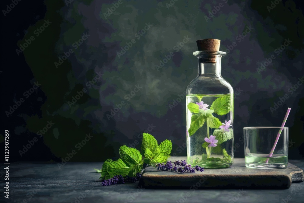 Herbal infused water in glass bottle with mint and lavender.