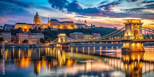 Stunning Evening View of Chain Bridge and Royal Palace in Budapest with Illuminated Architecture and Serene River Reflections, Perfect for Travel and Tourism Imagery