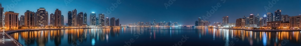 Fototapeta premium Dubai Business Bay at night illuminated modern skyscrapers. Water reflections highlight architectural details. Cityscape panorama presents urban energy. Waterway reflects light from buildings