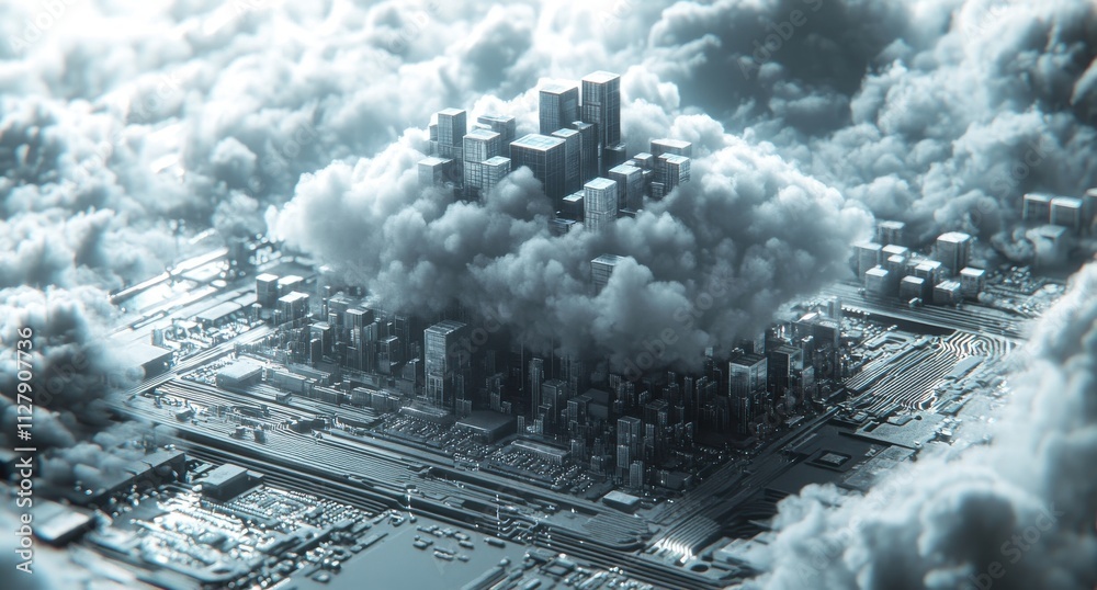 Fototapeta premium A Futuristic Cityscape Emerging from a Dense Layer of Clouds Above a Complex Circuit Board in a High-Tech Abstract Landscape