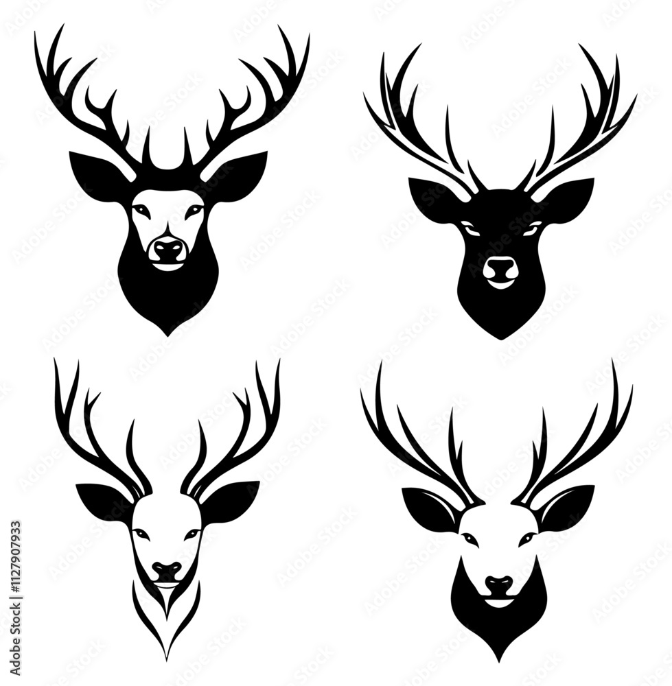 Stylized Deer Head Silhouettes with Antlers, Artistic Wildlife Vector Design Stylized Deer Head Silhouettes with Antlers, Artistic Wildlife Vector Design