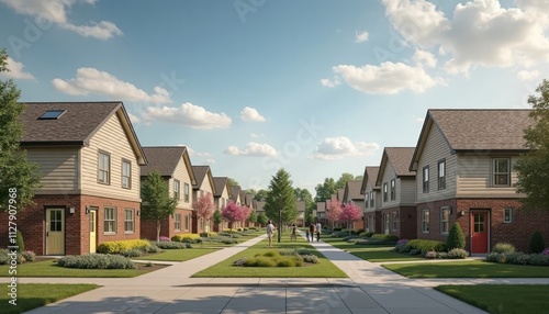 Affordable housing cooperative residents discuss cost-saving strategies in recession-hit community. People walk along pathways between townhouses. Landscaped areas with trees, flowers surround homes.