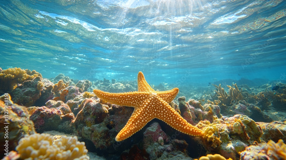 Sunlit starfish on vibrant coral reef. Sunlit starfish on vibrant coral reef.
