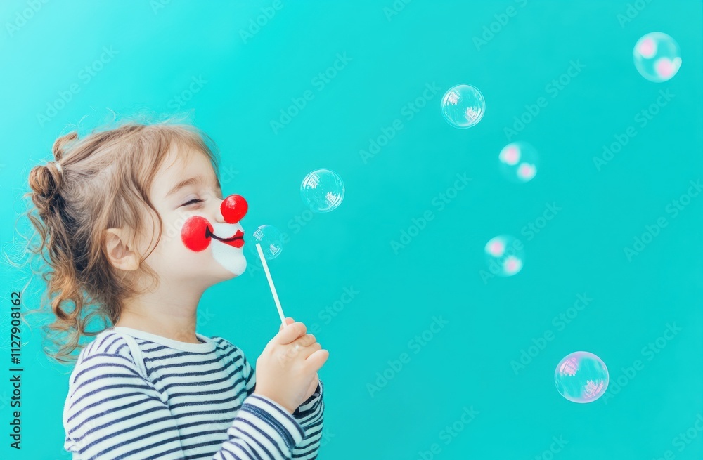 Toddler girl in clown makeup blowing bubbles. Toddler girl in clown makeup blowing bubbles.