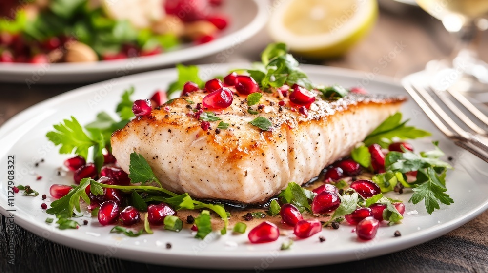 Pan-Seared Fish with Pomegranate Seeds - Delicious pan-seared fish fillet, topped with fresh pomegranate seeds and herbs. Represents healthy eating, gourmet cuisine, elegant dining, vibrant colors, a Pan-Seared Fish with Pomegranate Seeds - Delicious pan-seared fish fillet, topped with fresh pomegranate seeds and herbs. Represents healthy eating, gourmet cuisine, elegant dining, vibrant colors, a
