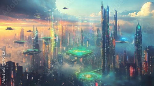 Smart city with floating buildings made of digital projections, flying cars, holographic parks, connected technology throughout the city, futuristic urban life 