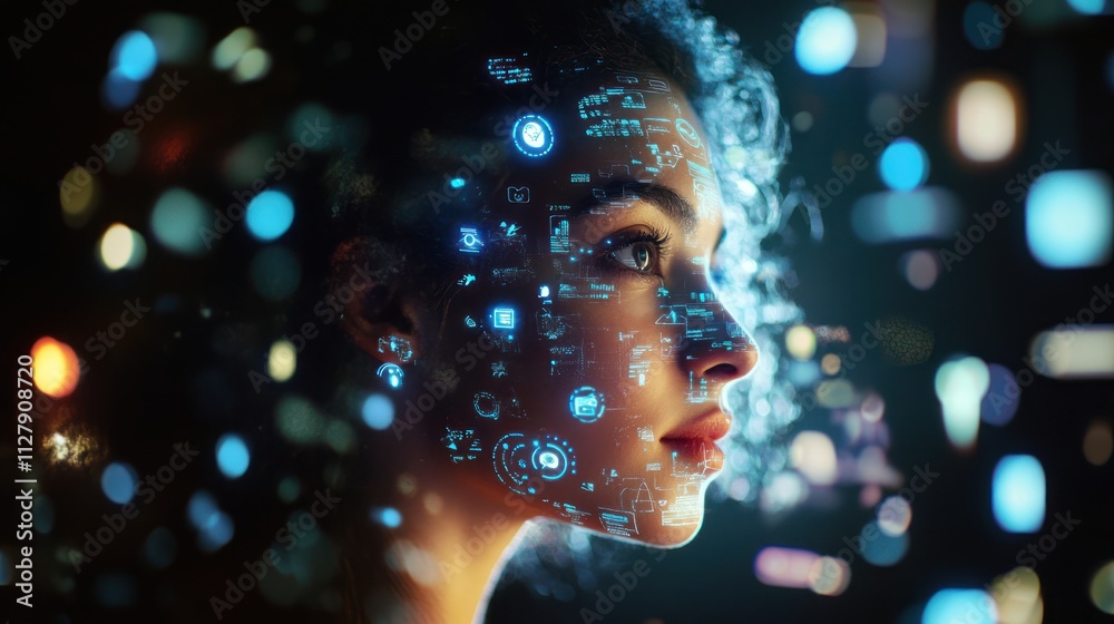 Profile of a woman with digital data overlays and glowing elements.