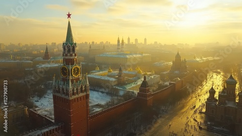 Moscow Kremlin, sunset, red star, golden light.