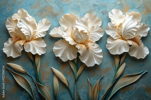 Relief Artwork of White Irises on Blue Background