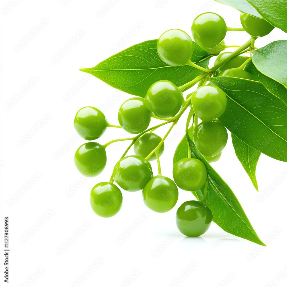 Green berries with leaves, white isolated background Green berries with leaves, white isolated background