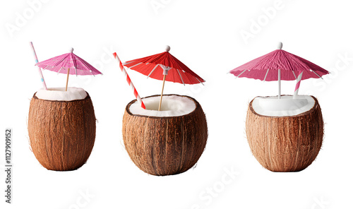 Wallpaper Mural Tropical coconut drinks with umbrellas beachside bar beverage photography bright and cheerful setting close-up view refreshing concept Torontodigital.ca