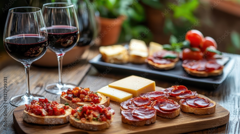 A cozy spread of wine and tapas for a delightful gathering. A cozy spread of wine and tapas for a delightful gathering.