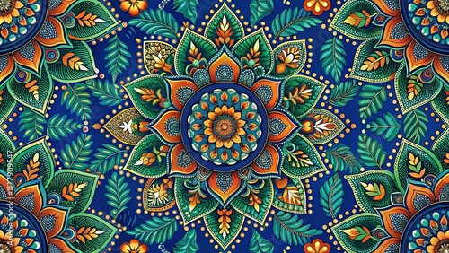 Vibrant Mandala Design Featuring Intricate Floral Patterns and Lush Greenery on a Deep Blue Background