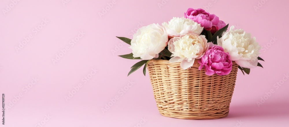 Pink and white peonies in a wicker basket on a pink background. (1) Pink and white peonies in a wicker basket on a pink background. (1)