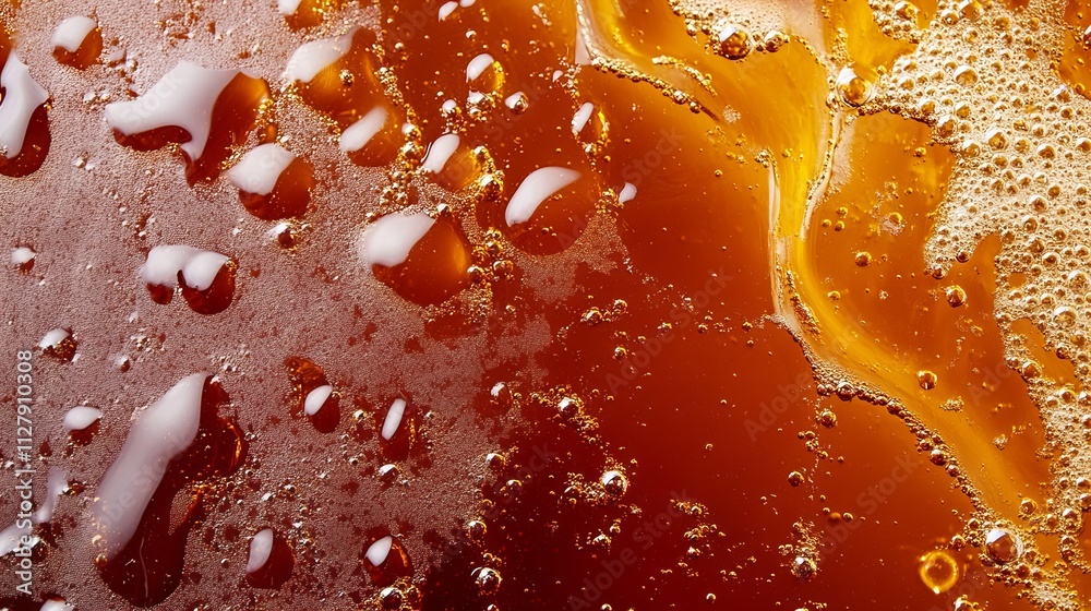 Close-up of a dark beverage with bubbles and droplets, creating a rich, textured background. Close-up of a dark beverage with bubbles and droplets, creating a rich, textured background.