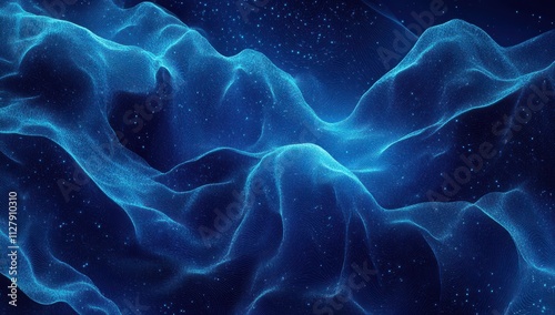 Abstract digital landscape in blue hues displaying flowing waves and particles, evoking a sense of depth and tranquility in a cosmic atmosphere