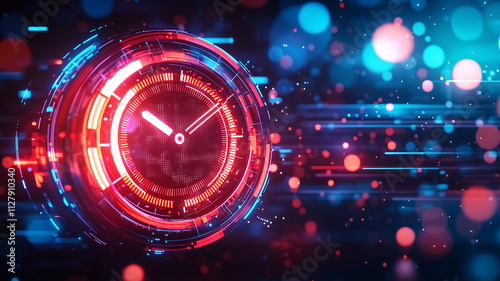 Digital countdown timer with vibrant neon colors and glowing effects, creating futuristic atmosphere. Perfect for Cyber Monday promotions and tech themed events