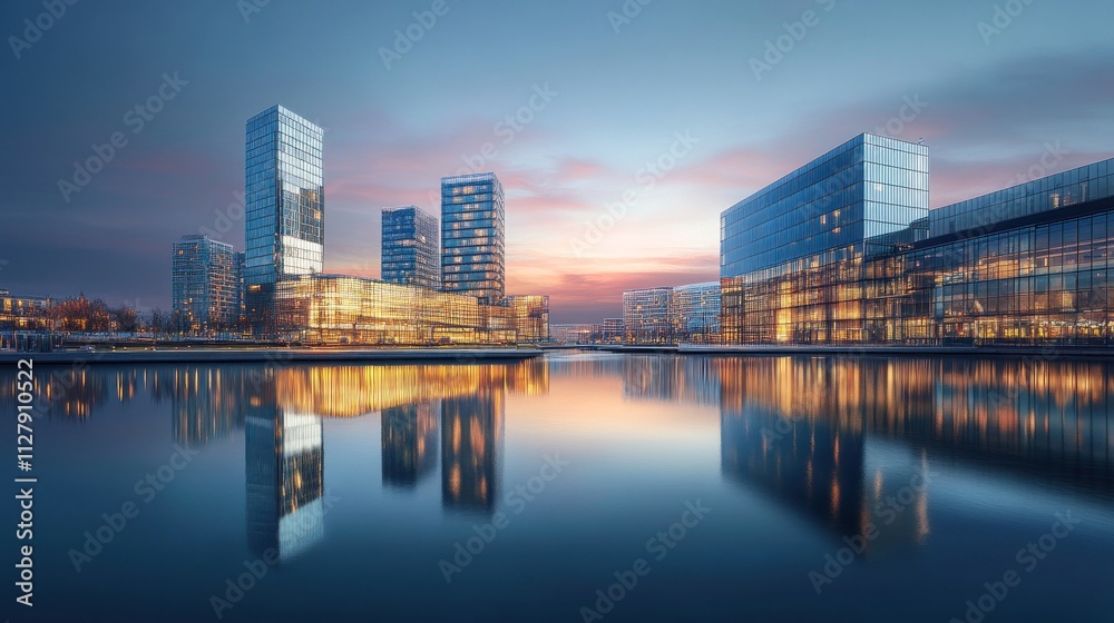 Fototapeta premium Modern cityscape at dawn, glass buildings reflecting early light, tranquil atmosphere,