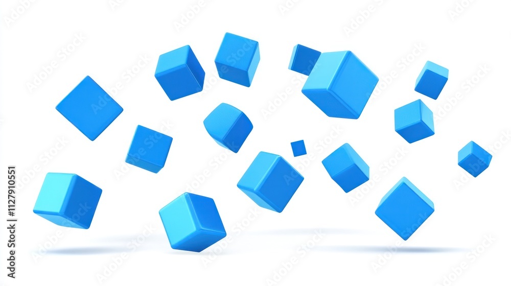 Abstract blue cubes floating in a wave-like motion against a white background. Abstract blue cubes floating in a wave-like motion against a white background.